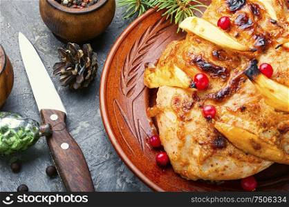 Grilled chicken breast with mango.Christmas baked chicken. Christmas roasted chicken breast