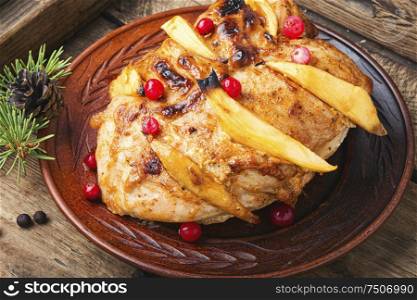 Grilled chicken breast with mango.Christmas baked chicken. Grilled christmas chicken breast