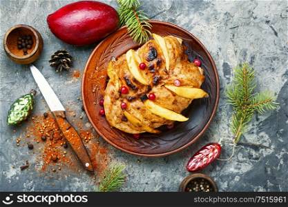 Grilled chicken breast with mango. Christmas baked chicken. Grilled christmas chicken breast
