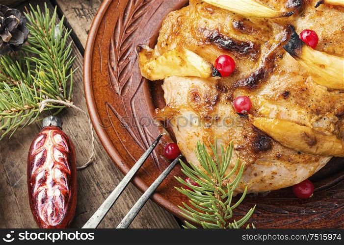 Grilled chicken breast with mango. Christmas baked chicken. Grilled christmas chicken breast