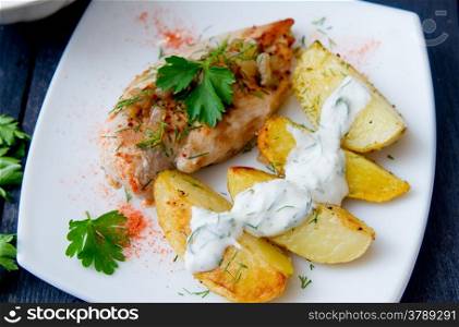 grilled chicken breast with roasted potatoes on white plate