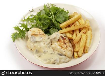 Grilled chicken breasts topped with a creamy mushroom sauce and served with french fried potato chips and a garden fresh green salad.