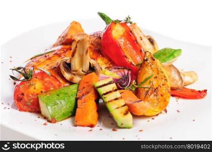 grilled chicken fillet and big pieces of vegetables. grilled chicken fillet and vegetables