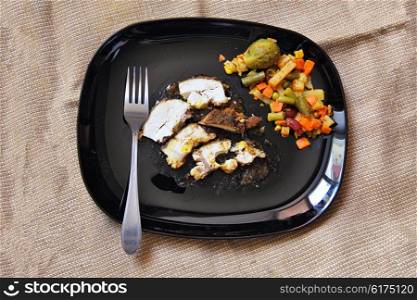 Grilled chicken fillet, breast with cooked vegetable on plate