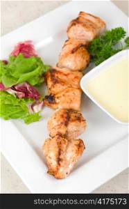 Grilled chicken kebab with sauce and greens on white plate