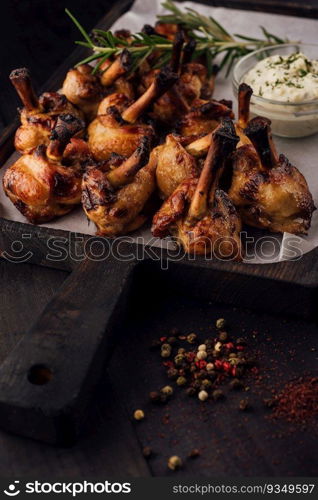 Grilled chicken legs on wooden tray