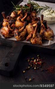 Grilled chicken legs on wooden tray