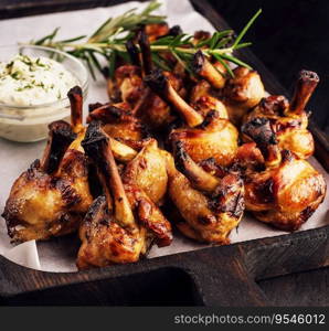 Grilled chicken legs on wooden tray