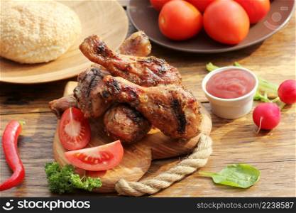 Grilled chicken legs with herbs on cutting board. Dinner background.. Grilled chicken legs on cutting board.Rustic dinner background.