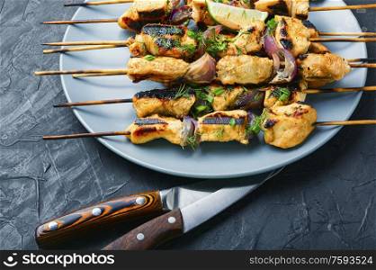 Grilled chicken on bamboo skewers,chicken shashlik.Food for a picnic. Grilled chicken on skewers