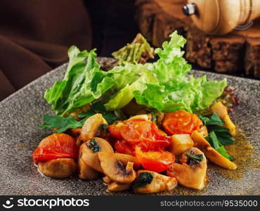 Grilled chicken salad, with lettuce, mushrooms and tomatoes