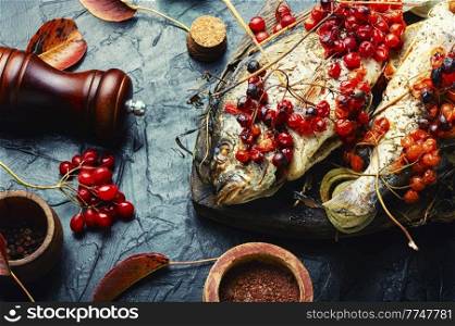 Grilled dorado with autumn berries. Fried fish with viburnum.. Baked fish in viburnum syrup