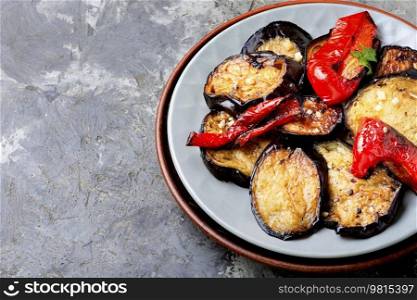 Grilled eggplant and grilled bell pepper on a plate. Space for text. Grilled vegetables on a plate.