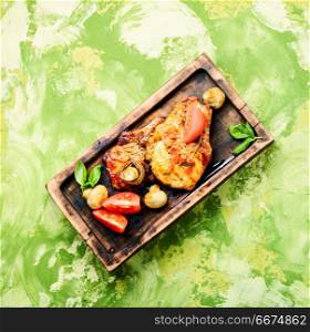 Grilled fillet steak. Grilled meat steak,tomato, herbs and spices on cutting board.Bbq meat