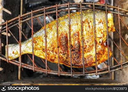 Grilled fish fried with lemon, citrus and spices, pepper. Exotic dietary marine fish. Dorado and perch in a restaurant recipe. Fish steak, barbecue, picnic. Fish cooked on fire coal on grill.. Grilled fish on the grill, cooked on fire, barbecue