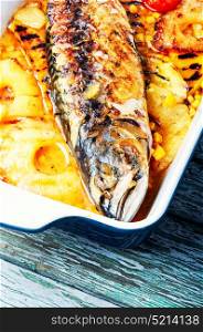 Grilled fish in pineapple sauce. Baked fish with pineapple sauce in baking dish