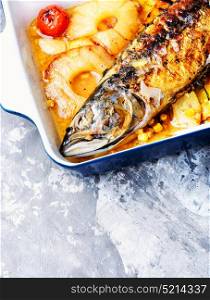 Grilled fish in pineapple sauce. Baked fish with pineapple sauce in baking dish