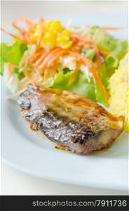 Grilled fish with fresh salad , Saba fish teriyaki sauce japanese food