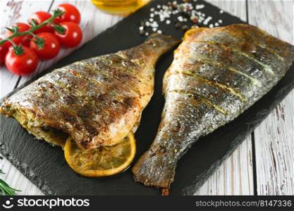 Grilled fish with roasted with lemon, rosemary, tomatoes, olive oil and spices on black slate dish, on white wooden background.. Grilled fish with roasted with lemon and spices
