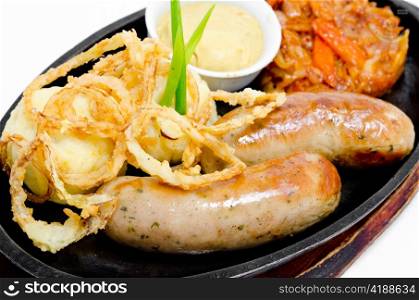 grilled frankfurters, potatoes, onion rings in batter, solyanka and mustard