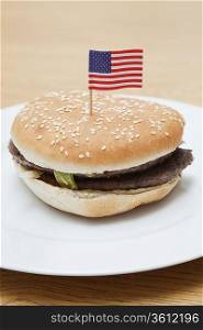 Grilled hamburger in plate with American flag on wooden surface