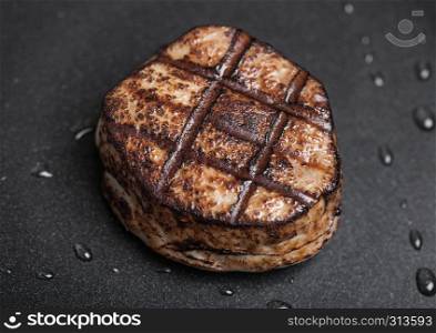 Grilled juicy beef pork steak slice on steel pan