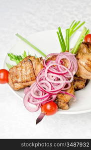 Grilled kebab meat with onion and tomato on a white plate