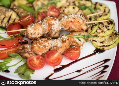 Grilled kebab pork meat. Grilled kebab pork meat with roasted potato and vegetables