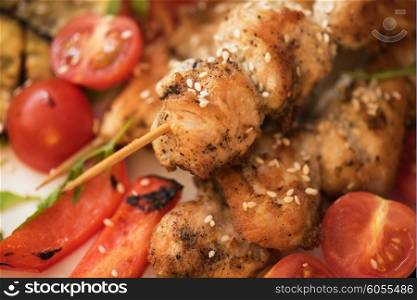 Grilled kebab pork meat. Grilled kebab pork meat with roasted potato and vegetables