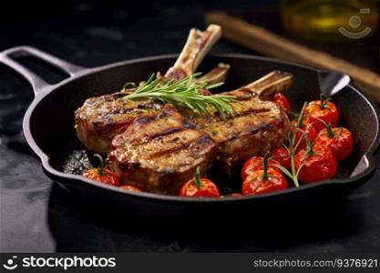 Grilled lamb chop on cast iron pan. Generative AI