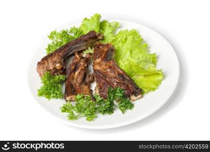 Grilled lamb meat and vegetables isolated on white background