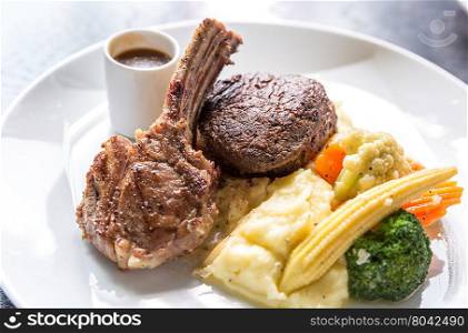 Grilled Lamb steak with mashed potato and vegetable