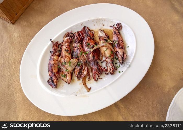 Grilled Little Squids Spanish Cuisine at Restaurant