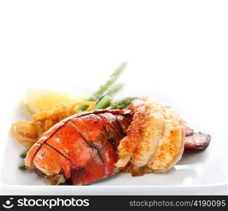 Grilled Lobster Tail Served With Asparagus And Onion