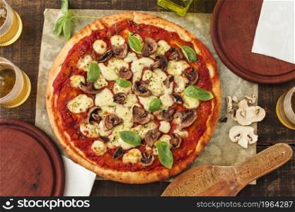 grilled margherita pizza with tomato sauce cheese basil mushroom. High resolution photo. grilled margherita pizza with tomato sauce cheese basil mushroom. High quality photo