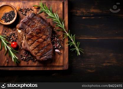 Grilled meat barbecue steak on wooden cutting board with rosemary and copy space. Generative AI. Grilled meat barbecue steak on wooden cutting board with rosemary and copy space. Top view.