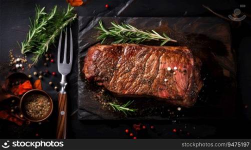 Grilled meat barbecue steak on wooden cutting board with rosemary and copy space. Top view. Grilled meat barbecue steak on wooden cutting board with rosemary and copy space. Top view.