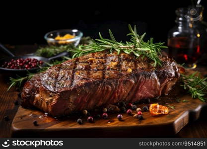 Grilled meat barbecue steak on wooden cutting board with rosemary and copy space. Top view. Grilled meat barbecue steak on wooden cutting board with rosemary and copy space. Top view.