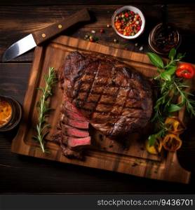 Grilled meat barbecue steak with garlic, salt and pepper on a rustic kitchen wooden cutting board with copy space. Generative AI. Grilled meat barbecue steak with garlic, salt and pepper on a rustic kitchen wooden cutting board with copy space.