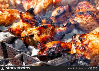 Grilled meat on a skewer with a ruddy crust. Grilled meat on a skewer