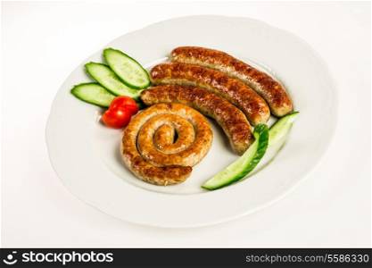 grilled meat sausages on a white background