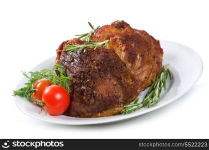 grilled meat with rosemary on white background