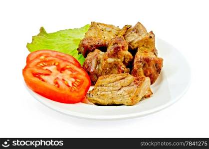 Grilled meat with tomato and lettuce on a plate isolated on white background