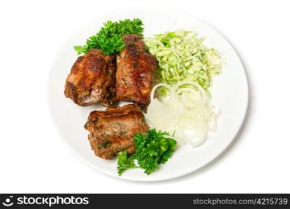 Grilled meat with vegetables isolated on white background