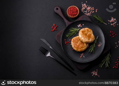 Grilled meatballs with spices and herbs or crepinette on a dark concrete background