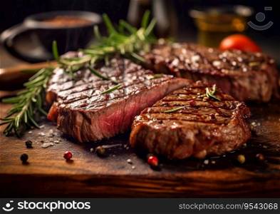 Grilled medium rib eye steak with rosemary and pepper.AI Generative