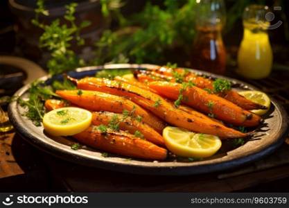 Grilled organic carrots with lemon and different herbs.