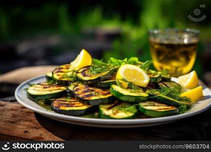Grilled organic zucchini with lemon and different herbs.