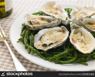 Grilled Oysters with Mornay Sauce on Samphire