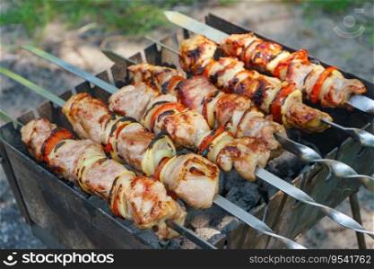 Grilled pieces of meat on skewers, shish kebab with vegetables, cooking process on fire, on brazier. Roasted marinated meat cooked at barbecue, picnic in summer day.